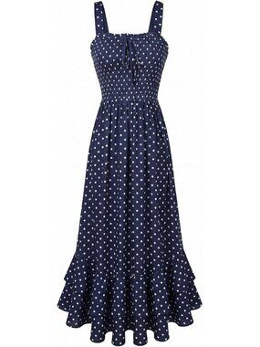 Women's Maxi Dress Navy Blue Dots Square Neck Sleeveless A LINE Summer Comfort